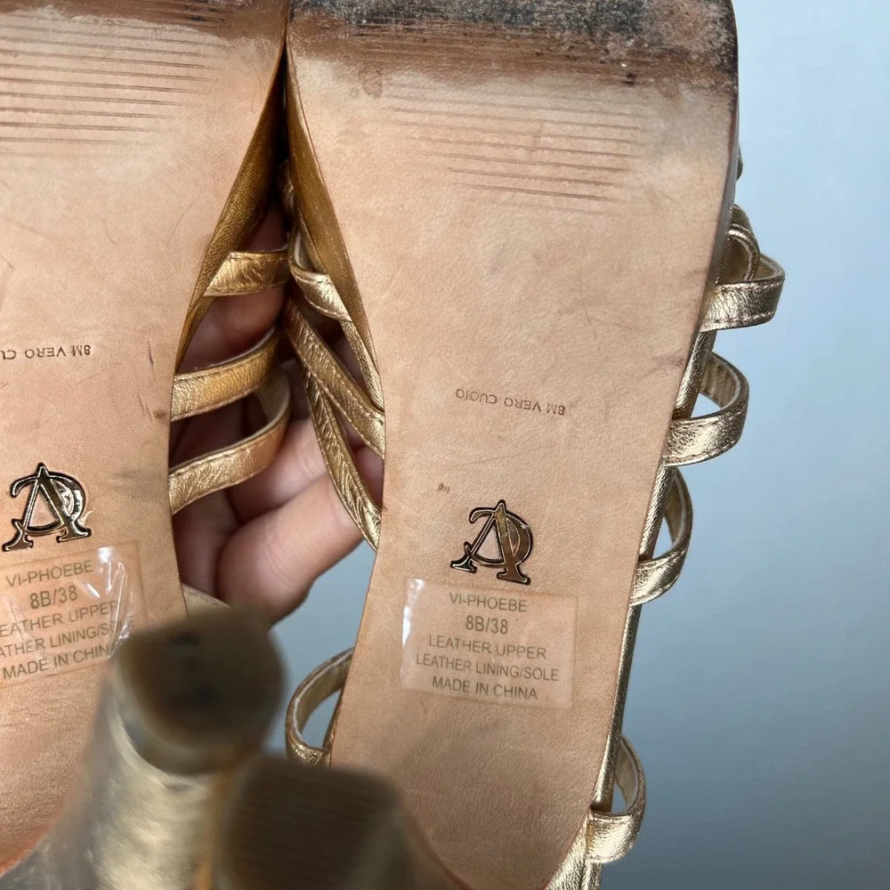 Vince Camino VC Signature Metallic Gold Strappy‎ Heels Toe Ankle Strap Sz 8 / 38